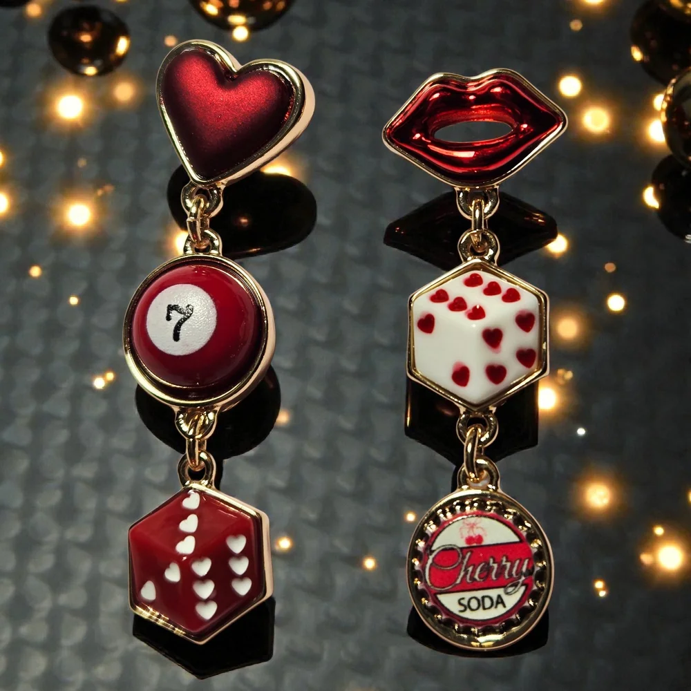 NEW Betsey Johnson Lips, Heart, Dice & Cherry Cola Linear Drop Earrings NWT - Picture 2 of 5
